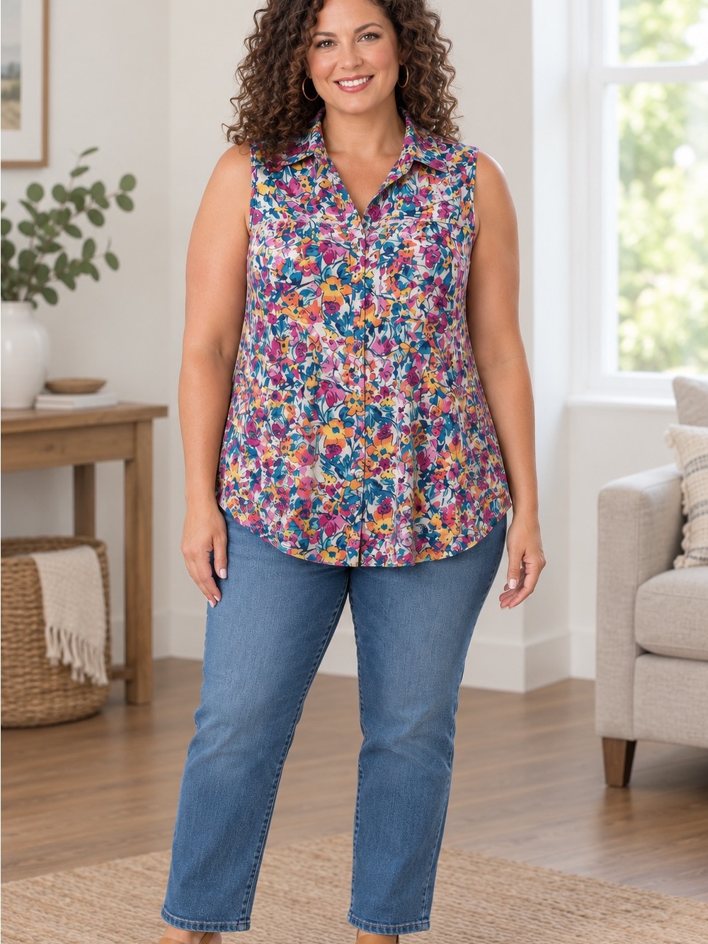 Sleeveless Floral Button-Front Tank Top in Multicolor